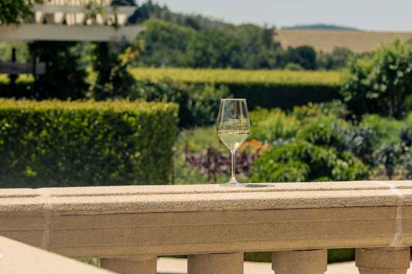 a glass of wine on a ledge